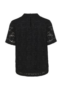 Top in pizzo nero con maniche corte, caratterizzato da un motivo floreale e un'apertura a chiave sul retro. Tessuto morbido e vestibilità rilassata.