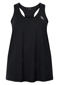 Musta urheilullinen tank top, jossa on löysä malli, valmistettu sileästä kankaasta, ja jossa on leikattu selkäosa sekä pieni graafinen yksityiskohta yhdellä sivulla.