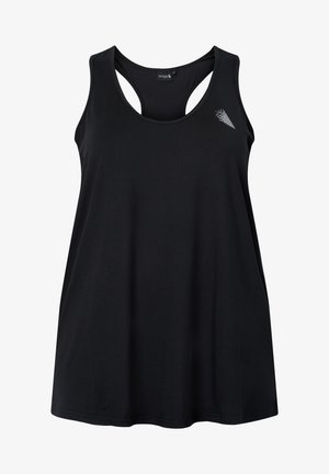 Schwarzes sportliches Tanktop mit lockerer Passform, aus glattem Stoff gefertigt, mit einem ausgeschnittenen Rücken und einem kleinen grafischen Detail auf einer Seite.