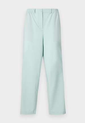 Jasno miętowe spodnie z elastycznym pasem, z zapięciem na guziki z przodu, dwoma przednimi kieszeniami i prostymi nogawkami. Gładka tekstura materiału.