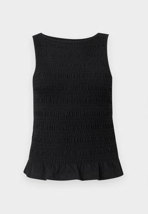 Haut noir sans manches avec une texture smockée et un ourlet à volants, conçu pour une silhouette ajustée.
