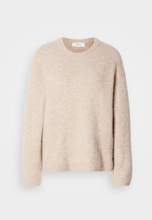 Maglione lavorato a maglia beige con scollatura a girocollo, maniche lunghe e orlo a coste. Tessuto morbido e testurizzato con una vestibilità comoda.