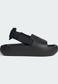 Black open-toe sandals with a wide strap, adjustable Velcro closure, textured upper, and a durable sole featuring the adidas logo.