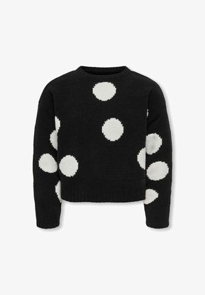 Schwarzer Pullover mit großen weißen, strukturierten Punkten, rundem Ausschnitt und kurzem Schnitt. Gerippter Saum und Bündchen.