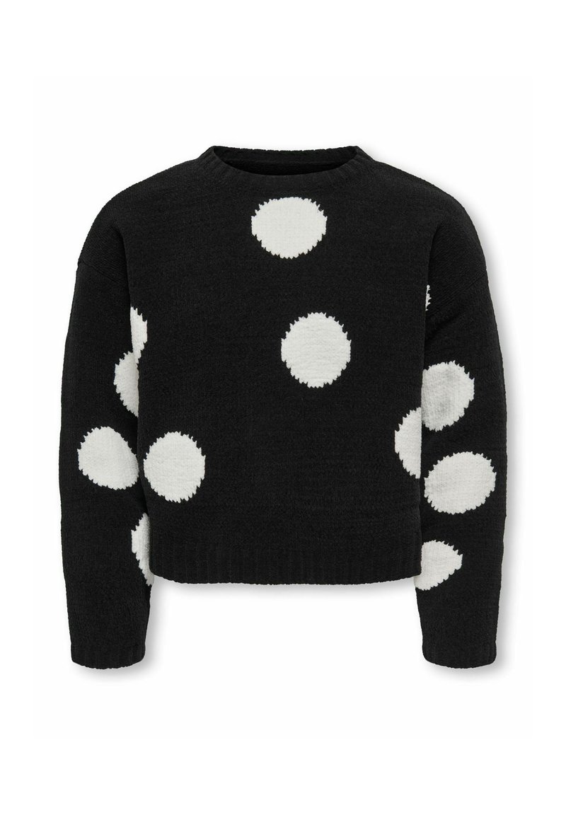 Melna džemperis ar lielām baltām faktūrētām punktām, apaļu kakla izgriezumu un īsu griezumu. Ribota apdare pie apakšas un piedurknēm.