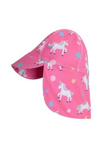 Cappellino rosa con visiera curva, caratterizzato da un motivo di unicorni, stelle marine, conchiglie e accent deliziosi floreali. Realizzato in tessuto leggero.