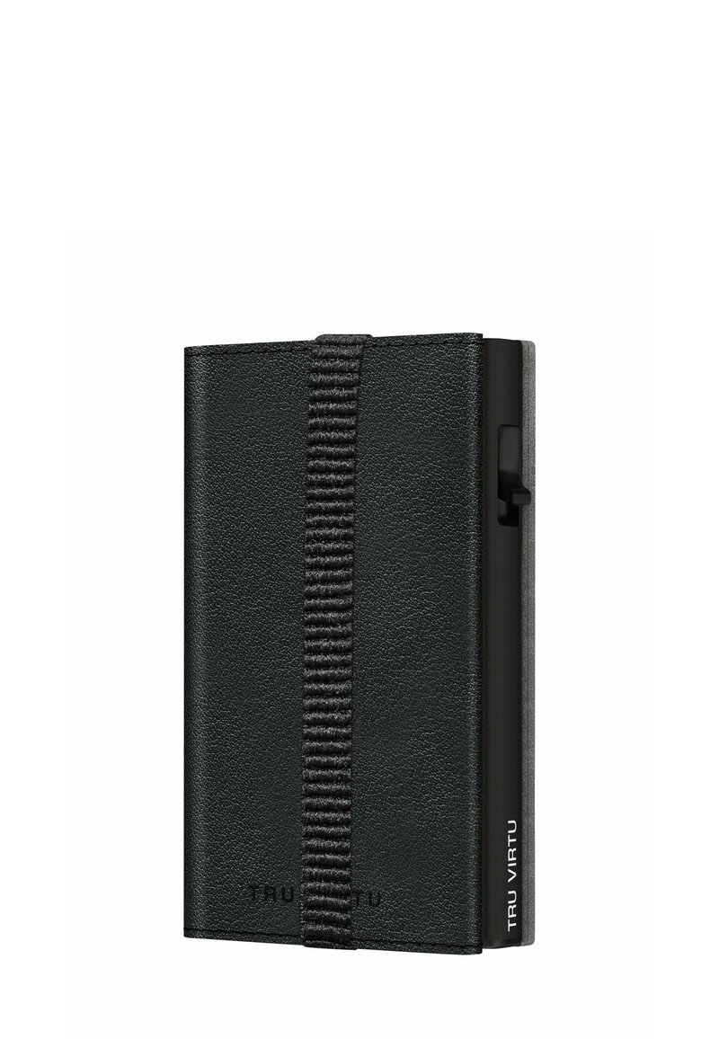 Black leather cardholder with a textured surface, elastic strap, and a slim design. Features a smooth, metallic edge with branding.