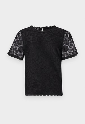 Mustmust lühikeste varrukatega t-särk, millel on lillemustrid, lainelised servad ja võtmeaugu tagadisain.