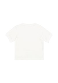 Maglietta bianca in cotone, maniche corte, scollatura rotonda, texture morbida, senza motivi o stampe, design semplice, adatta per un abbigliamento casual.