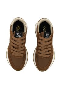 Brown athletic sneakers with suede and fabric materials, featuring flat laces, a cushioned collar, and a white rubber sole. Text on tongue: "GIRLS RUN FASTER."