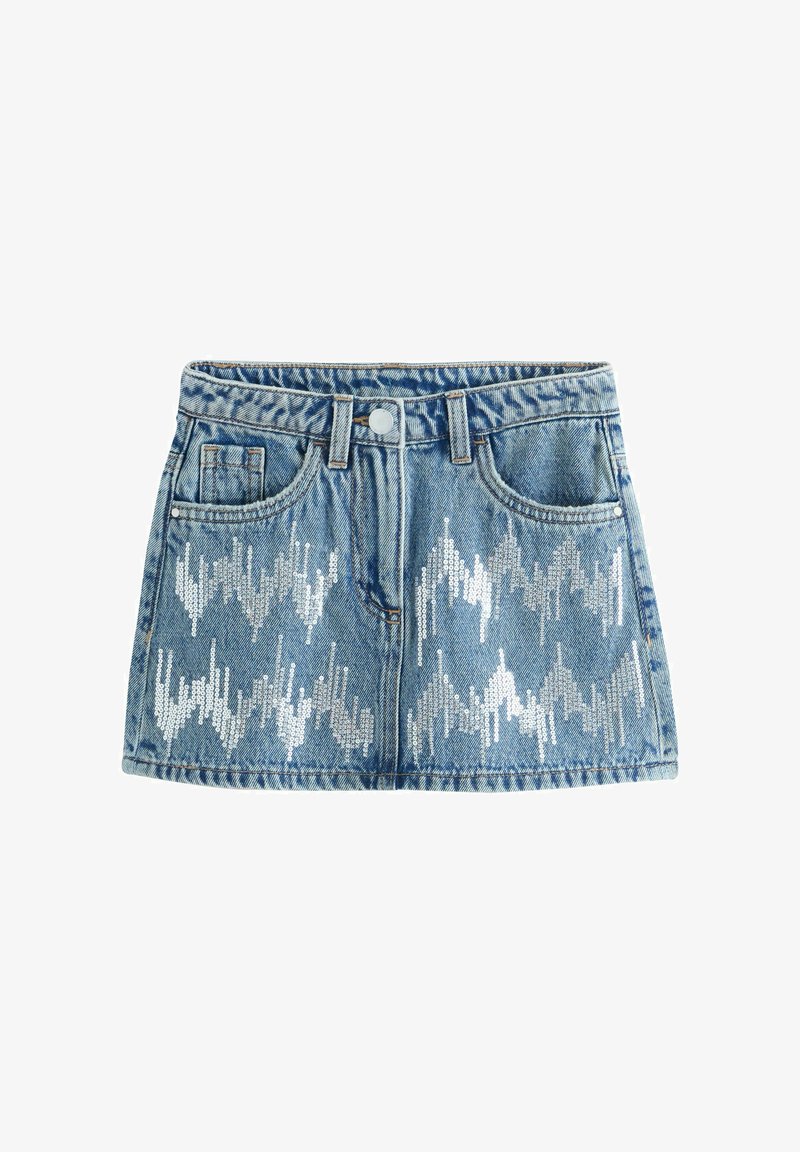 Denim mini skirt in light blue, featuring silver sequin wave patterns. Classic five-pocket design with belt loops and button closure.