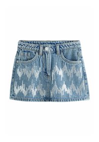 Lysblå denim mini-nederdel med sølvfarvede pailletbølge-mønstre. Klassisk fem-lomme design med bælteholder og knaplukning.