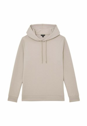 Smėlio spalvos džemperis su gobtuvu, raišteliu, priekiu su kengūros kišene, ilgomis rankovėmis ir ribotomis rankogaliais. Pagamintas iš minkšto, lygaus audinio. Paprasto dizaino.