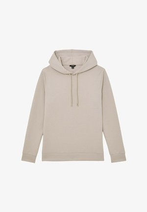 Béžová mikina s kapucňou a sťahovacou šnúrkou, predným klokankovým vreckom, dlhými rukávmi a rebrovanými manžetami. Vyrobená z mäkkého, hladkého materiálu. Jednoduchý dizajn.