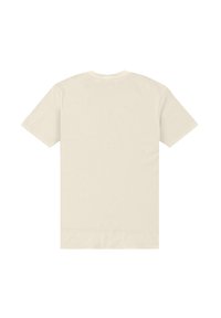 Beige T-Shirt mit kurzen Ärmeln aus Baumwolle. Verfügt über einen Rundhalsausschnitt und eine glatte Textur, ohne Grafiken oder Muster auf der Rückseite.
