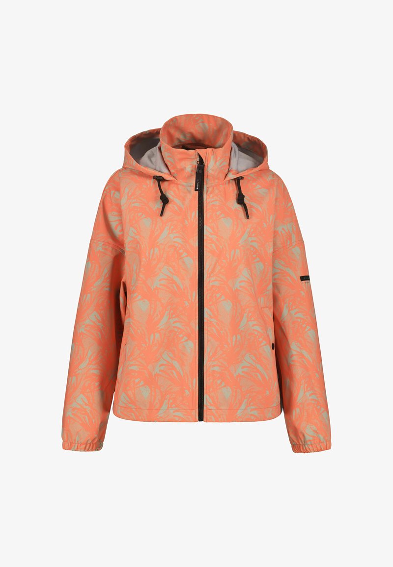 Chaqueta naranja con un patrón floral, forro gris, capucha ajustable y cremallera frontal. Cuenta con puños elásticos y bolsillos laterales.