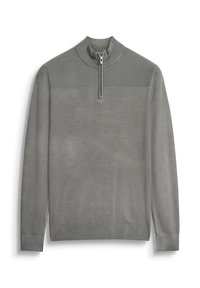 Grauer Langarmpullover mit geripptem hohem Kragen und kurzem Reißverschluss, ausgestattet mit gerippten Bündchen und Saum.