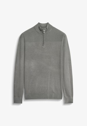 Jersey gris de manga larga con cuello alto acanalado y cremallera corta, que presenta puños y dobladillo acanalados.