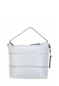 Sac matelassé argenté avec une finition lisse et brillante, doté d'une poignée noire et de détails de fermeture éclair. Forme rectangulaire avec des coutures horizontales.