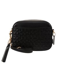 Musta nahkainen olkalaukku, jossa on kohokuvioitu pyöreä kuvio, kullanväriset metalliosat, vetoketjusuljenta ja irrotettava hapsukoriste.