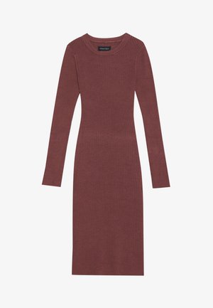 Ribbed long-sleeve dress in burgundy, featuring a round neckline and a fitted silhouette that extends to mid-calf length.