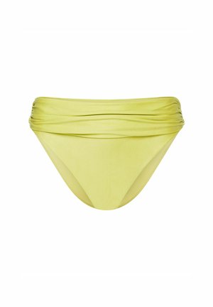 Jasnożółte majtki bikini z marszczonym detalem w pasie, wykonane z miękkiego, teksturowanego materiału; średni stan z bezszwowymi krawędziami.