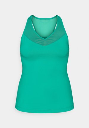 Un tricou sportiv de culoare verde vibrant, cu decolteu în V și un panou din plasă în partea superioară frontală pentru respirabilitate și stil.