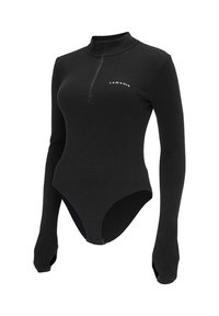 Mustad mustade varrukatega bodysuit kõrge kaelusega, millel on pooltõmblukk ja sooniline tekstuur. Ees on trükitud logo "LAMANIA".