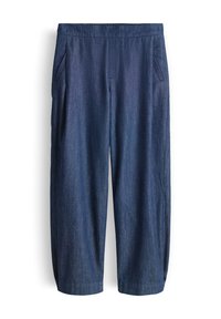 Blue wide-leg pants with front angled pockets, elastic waistband, and cropped length, made from denim-like fabric.