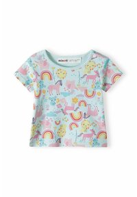 Světle modré dětské tričko s krátkým rukávem s barevnými zvířecími a duhovými potisky. Vyrobeno z měkké, prodyšné látky.