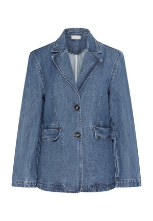 Veste en jean bleu moyen, présentant un col à revers, deux poches avant, une fermeture à deux boutons et des détails de coutures visibles.