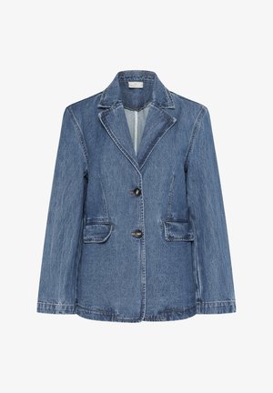 Vidēji zilas džinsa jakas ar izgrieztu apkakli, divām priekšējām kabatām, divu pogu aizdari un redzamiem šuvju akcentiem.