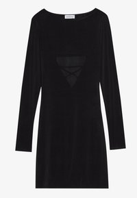 Vestido negro de terciopelo de manga larga con escote barco y un diseño de corte triangular en el frente. Textura suave y silueta ajustada.