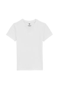 T-shirt bianco in cotone con colletto rotondo, maniche corte e taglio dritto. Presenta un'etichetta stampata all'interno del collo.