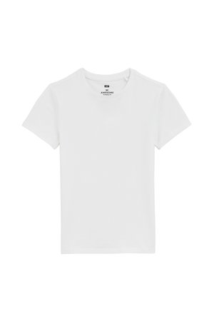T-shirt bianco in cotone con colletto rotondo, maniche corte e taglio dritto. Presenta un'etichetta stampata all'interno del collo.