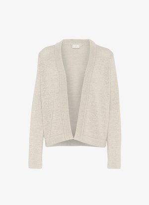 Hellgraue offene Strickjacke aus strukturiertem Knit-Stoff. Verfügt über einen lockeren Schnitt, lange Ärmel und einen gerippten Saum.