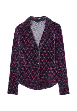 Camicia di velluto con una base viola e un motivo geometrico di diamanti rosa e verde acqua, colletto tradizionale e chiusura con bottoni.