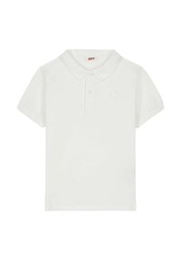 Polo bianco in cotone con colletto classico, maniche corte, patta con due bottoni e un piccolo logo tono su tono sul petto.
