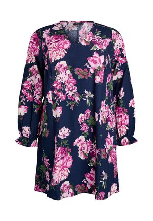 Vestido de estampado floral en azul marino con flores rosas. Presenta un escote en V, mangas largas con puños elásticos y un corte holgado. Textura de tela suave.