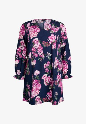 Ziedu raksta kleita tumši zils ar rozā ziediem. Piedāvā V veida kakla izgriezumu, garas piedurknes ar elastīgām aprocēm un brīvu piegriezumu. Mīksta auduma tekstūra.