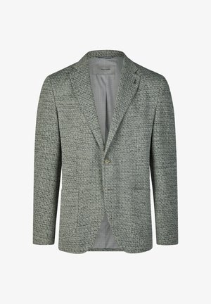 Grauer, strukturierter Herrenblazer mit Kerbkragen, Ein-Knopf-Verschluss und aufgesetzten Taschen, innen im Kragen mit Pierre Cardin-Label.