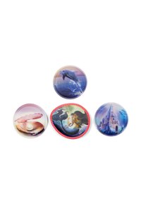 Cuatro imanes circulares presentan ilustraciones coloridas: un delfín, una ostra con una perla, una sirena y un castillo, cada uno con acabados brillantes.