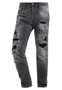 Šedé džíny z denimu s vybledlým designem, obsahující velké roztrženiny a třepící se okraje, pětiskládaný styl a slim fit.