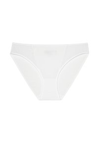 Culotte blanche pour femme en tissu transparent, ornée d'un détail brodé en forme de papillon sur le côté avant gauche. Surface lisse et bords élastiques.