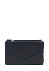 Portefeuille en cuir bleu marine avec une fermeture éclair, doté d'un accent en chevron d'une teinte plus sombre, texture lisse et logo embossé à l'avant.