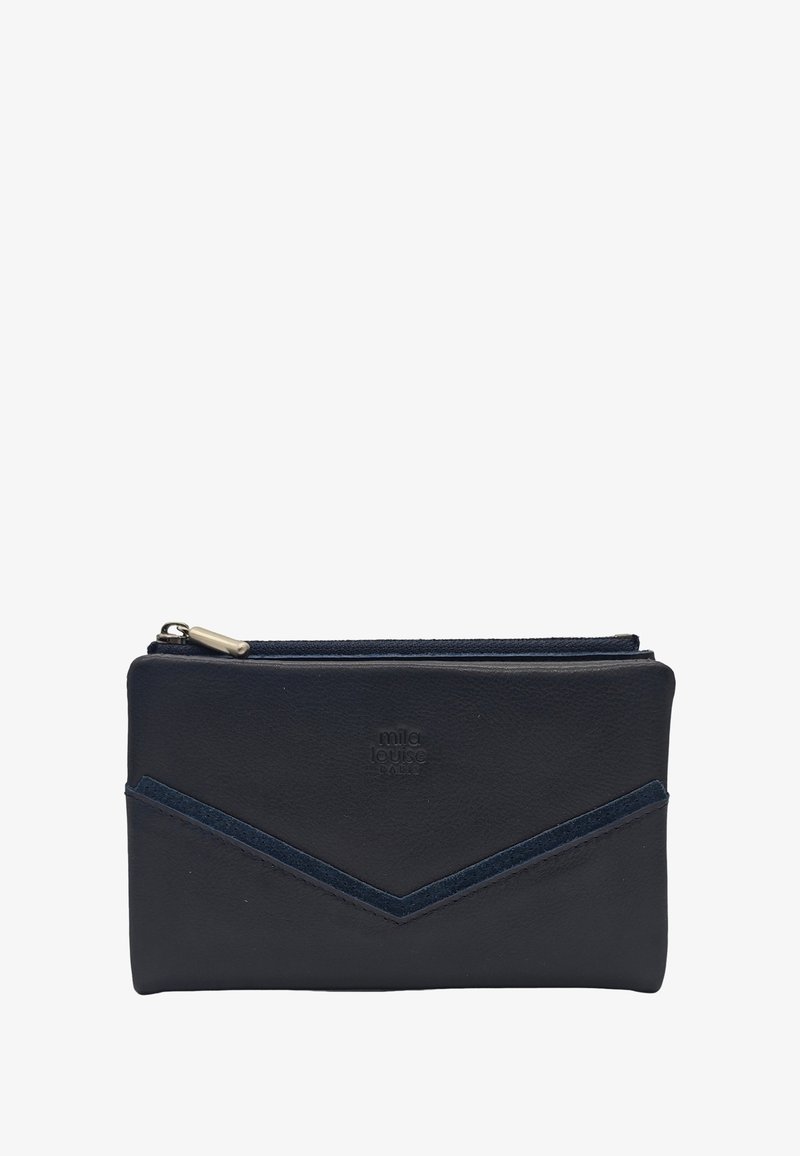 Portefeuille en cuir bleu marine avec une fermeture éclair, doté d'un accent en chevron d'une teinte plus sombre, texture lisse et logo embossé à l'avant.