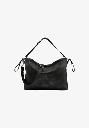 Zwarte leren tas met een losse silhouet, verstelbare schouderriem en metalen hardware. Gestructureerd oppervlak met zichtbare stikdetails.