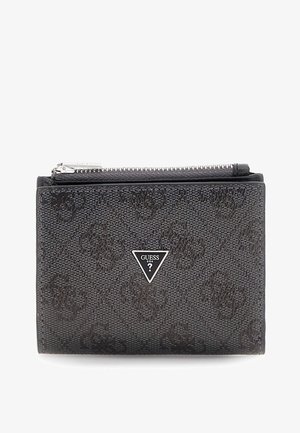 Portafoglio nero realizzato in materiale sintetico testurizzato, dotato di chiusura con zip, accento triangolare del logo e un sottile motivo centrato in rilievo.