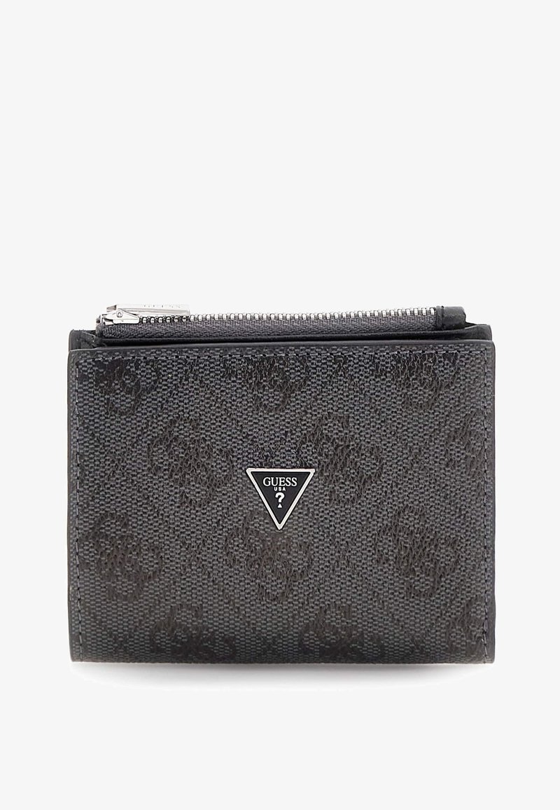 Portafoglio nero realizzato in materiale sintetico testurizzato, dotato di chiusura con zip, accento triangolare del logo e un sottile motivo centrato in rilievo.