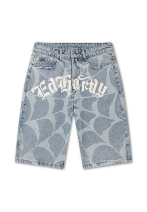 Denim shorts with light spiderweb pattern and white Gothic-style text "Ed Hardy" across the front thighs, featuring pockets and belt loops.
